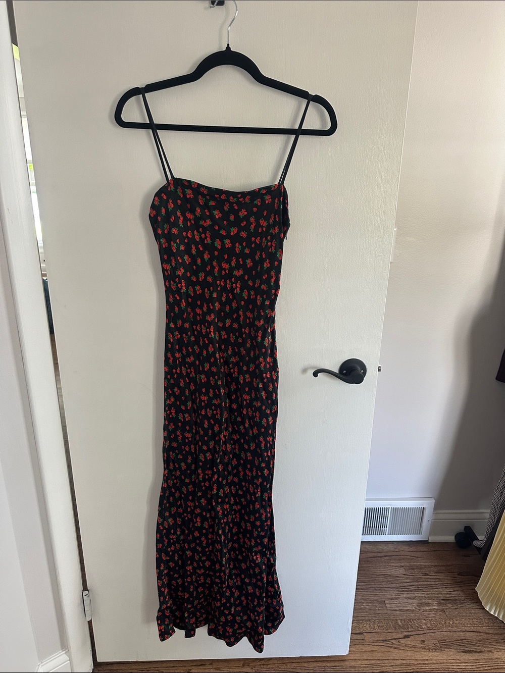 Black Floral Spaghetti-Strap Maxi Dress with Red Print